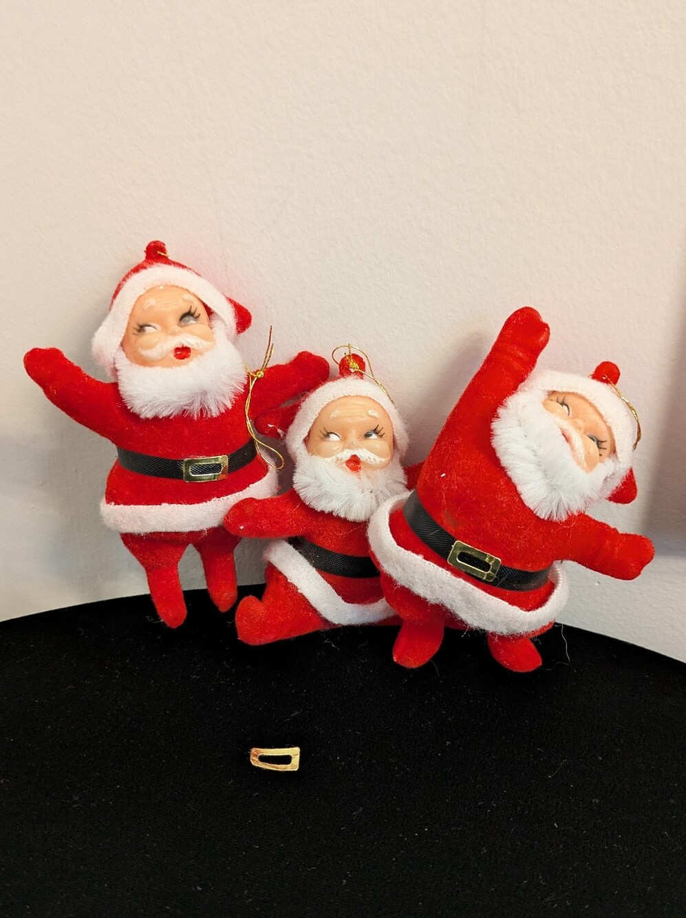 Vintage 1950's Flocked Red Santa Blow Mold Hanging Ornaments - Set of 3